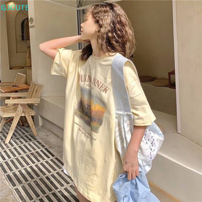 GJCUTE Áo Thun Tay Ngắn Cổ Tròn Dáng Rộng In Họa Tiết Thời Trang Mùa Hè Phong Cách Harajuku Cho Nữ