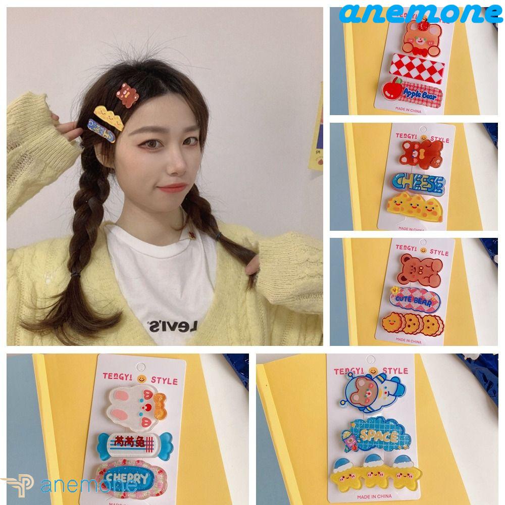 ANEMONE Bộ 3 Kẹp Tóc Bằng Hợp Kim Acrylic Hình Gấu / Thỏ Dễ Thương Cho Bé Gái
