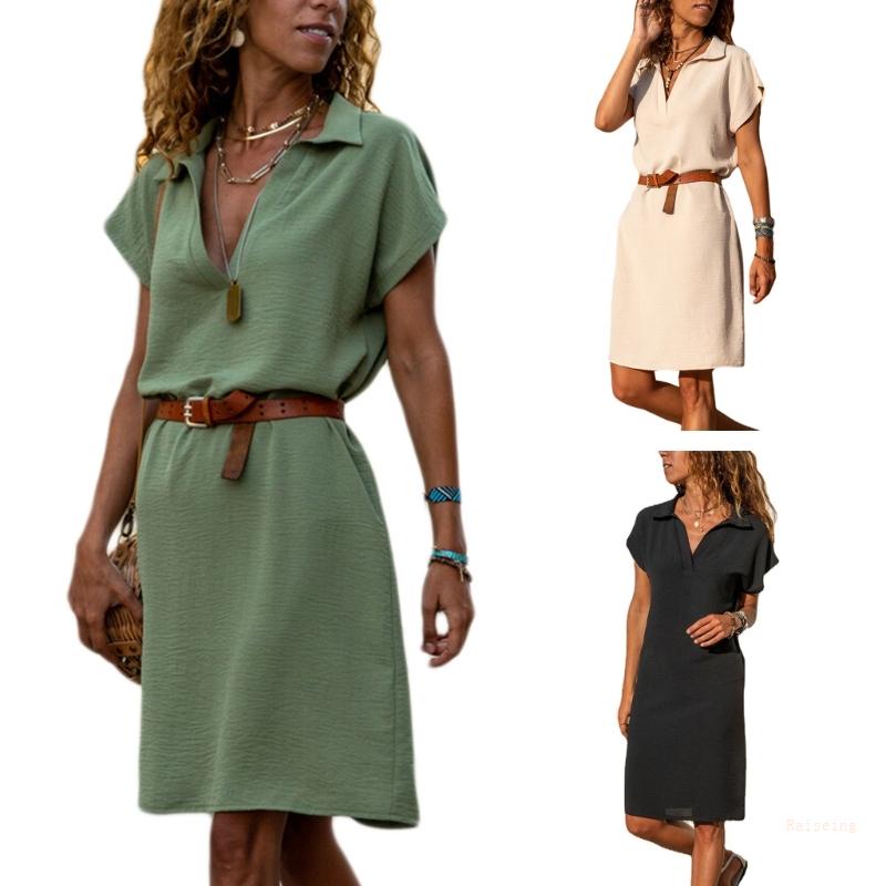 Đầm Ngắn Dáng Rộng Cổ Chữ V Màu Sắc Đơn Giản Thời Trang Xuân Hè Xinh Xắn Cho Nữ