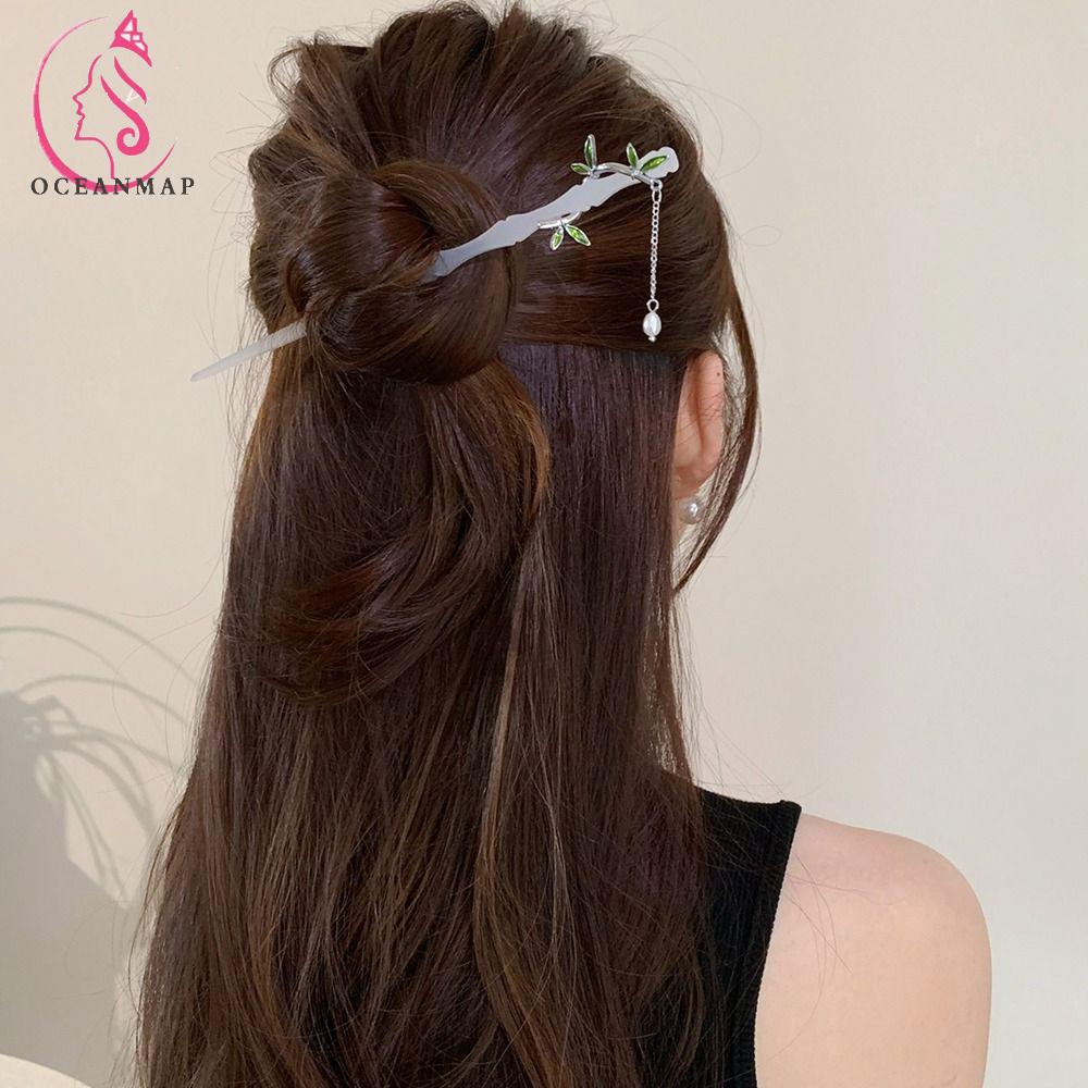 OCEANMAP Trâm Cài Tóc Hình Chiếc Lá Bằng Acrylic Phối Tua Rua Phong Cách Cổ Điển Thời Trang Cho Nữ