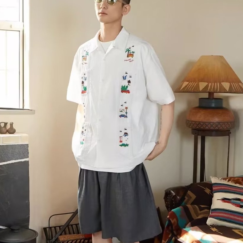 Áo Sơ Mi Tay Ngắn Thêu Họa Tiết Phong Cách Retro Hawaii Cho Nam Nữ