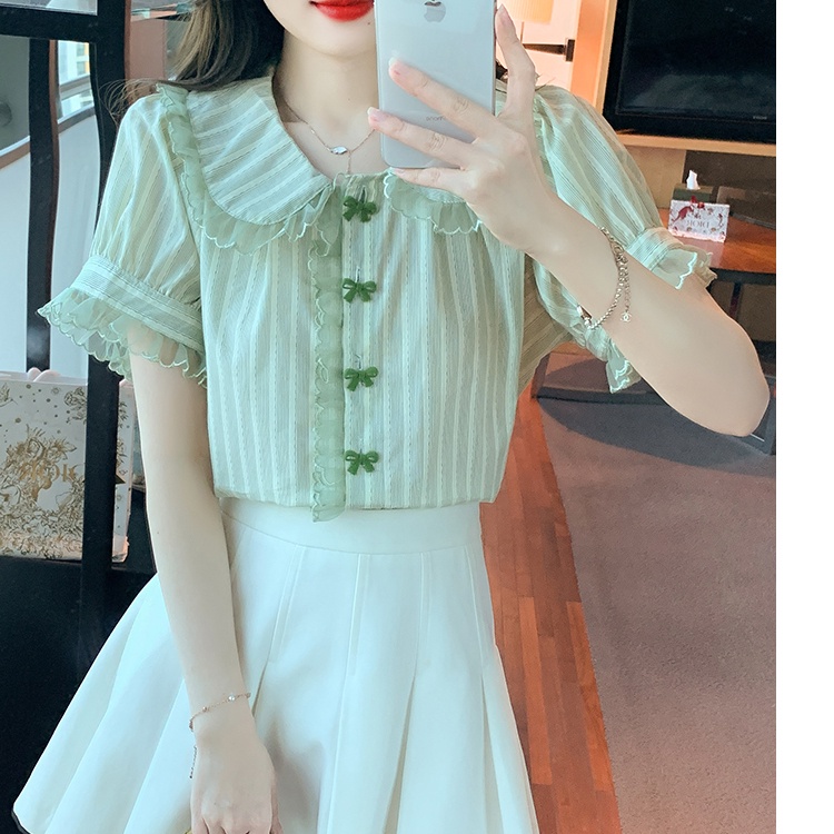 Áo Sơ Mi Tay Phồng Cổ Búp Bê Họa Tiết Kẻ Sọc Thời Trang Pháp 2023 Cho Nữ