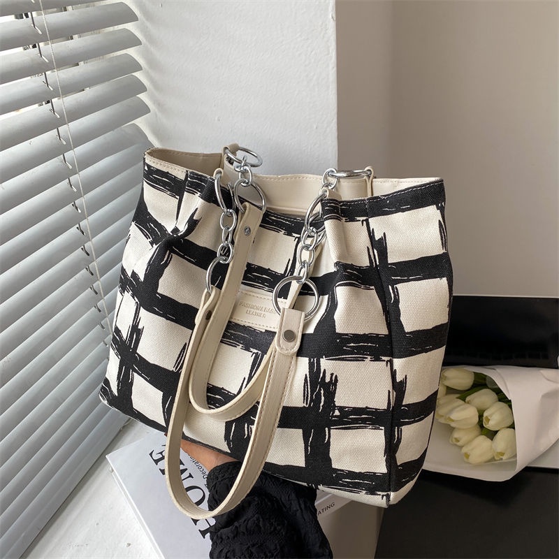 Túi Tote Đeo Vai Vải Canvas Cỡ Lớn Họa Tiết Kẻ Sọc Thời Trang Mùa Hè 2022 Mới Cho Nữ
