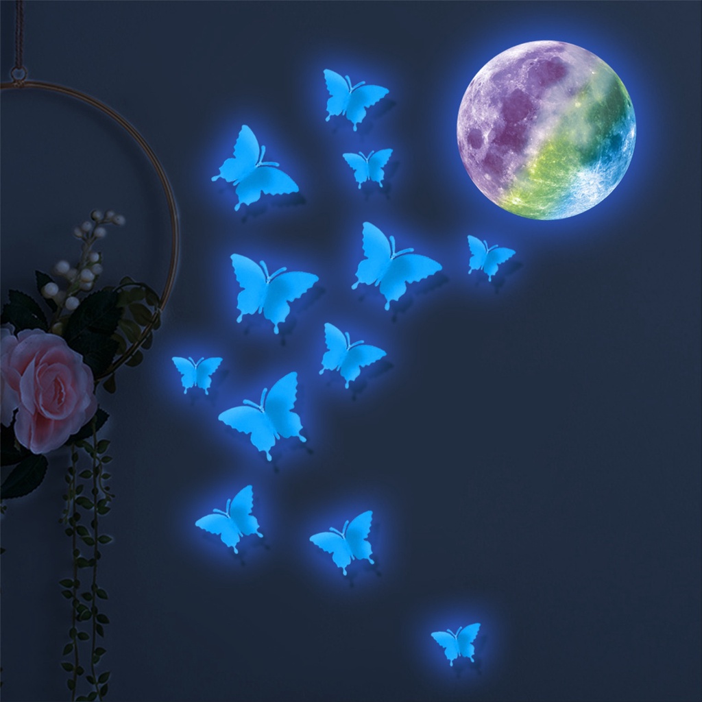 Bộ 13 Miếng Dán Tường Hình Bướm Mặt Trăng Bằng PVC Ba Chiều Màu Dạ Quang Trang Trí Nhà Cửa