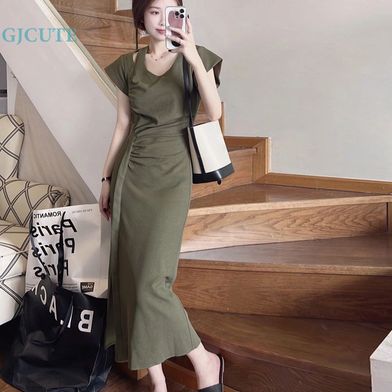 Đầm Midi Màu Trơn Xếp Ly Thời Trang Mùa Hè Cho Nữ