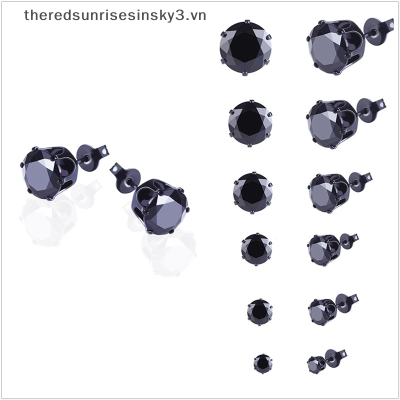 6 Đôi Bông Tai Hình Khối Tròn Bằng Thép Không Gỉ Màu Đen Thời Trang Cho Nam Và Nữ 3mm-8mm