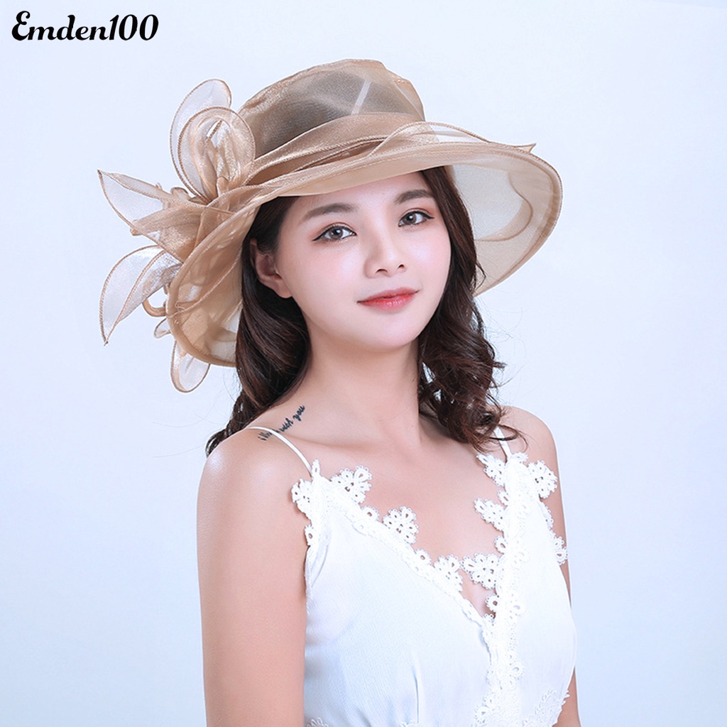 Mũ Vành Rộng Chống Nắng Đính Hoa Phối Lưới Thời Trang Đi Biển Cho Nữ