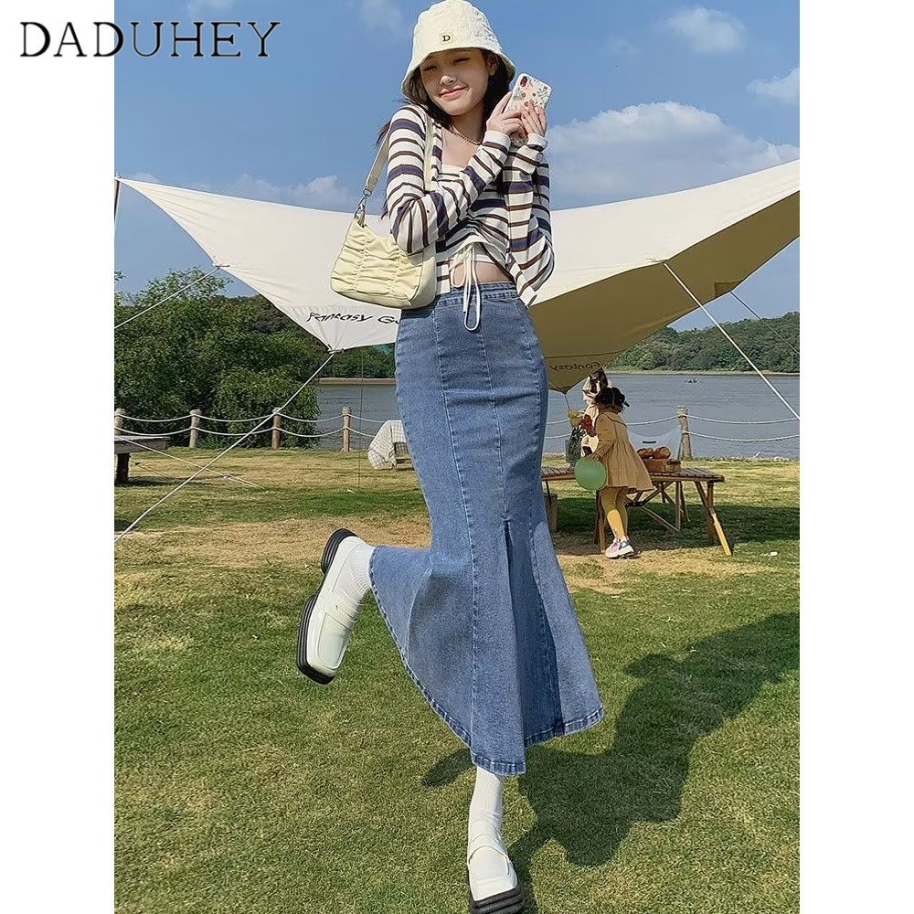 Chân váy denim DADUHEY ôm hông phối túi size lớn kiểu chữ A cạp cao xẻ tà retro thời trang phong cách Hàn Quốc