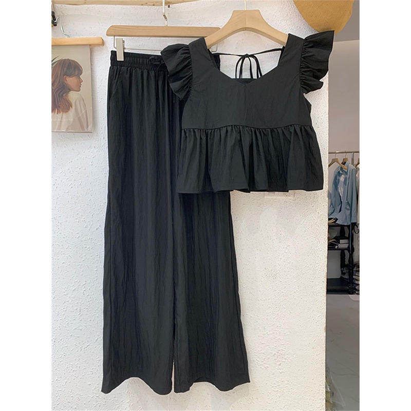 Bộ Áo Sơ Mi Tay Cánh Tiên + Quần Dài Ống Rộng Thời Trang Mùa Hè Hàng Mới Dành Cho Bạn Nữ