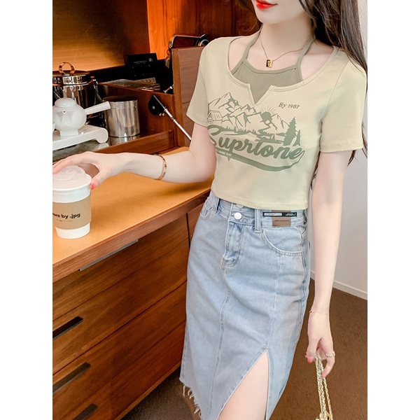 Áo Thun Ngắn Tay Giả Hai Lớp Phong Cách Mới Cho Nữ