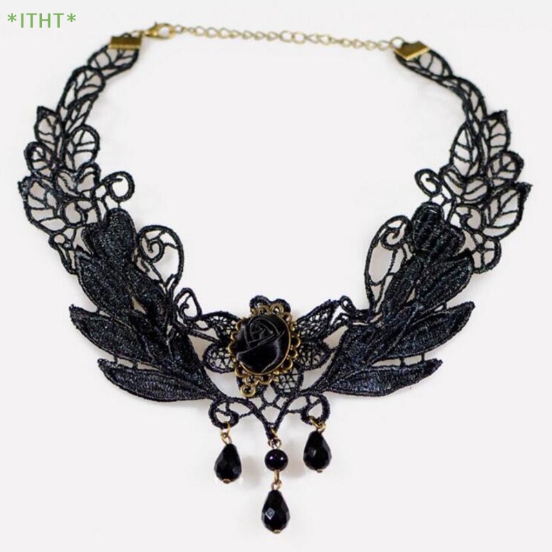 Vòng Cổ Choker Ren Màu Đen Đính Đá Phong Cách Gothic Quyến Rũ Mới