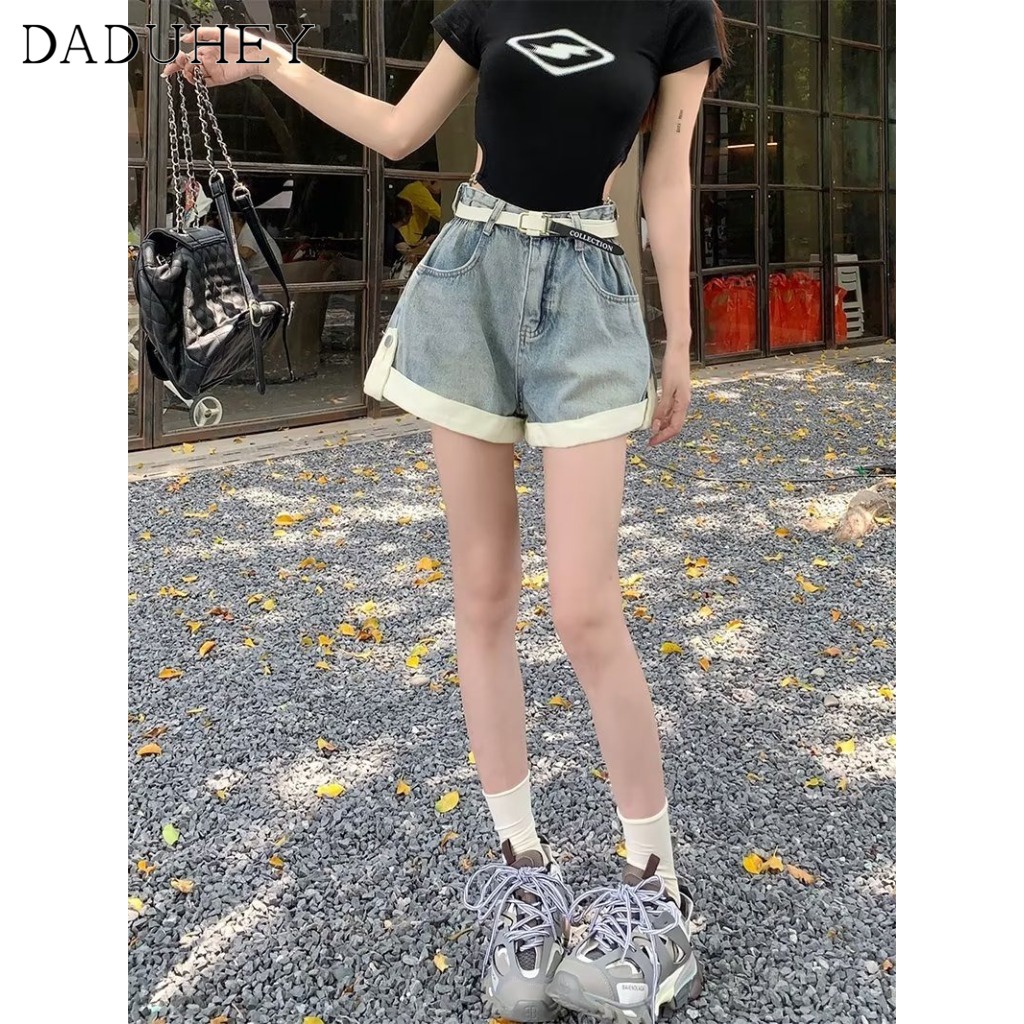 DaDuHey New Korean Version of INS Retro Curling Denim Shorts WOMEN'S Niche High Waist Wide Leg Pants Hot Pants