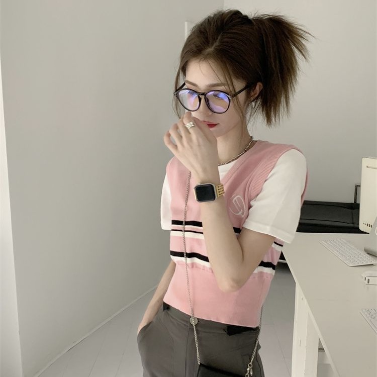 Áo Dệt Kim Sát Nách Cổ Chữ V Kẻ Sọc Cá Tính Thời Trang Cho Nữ