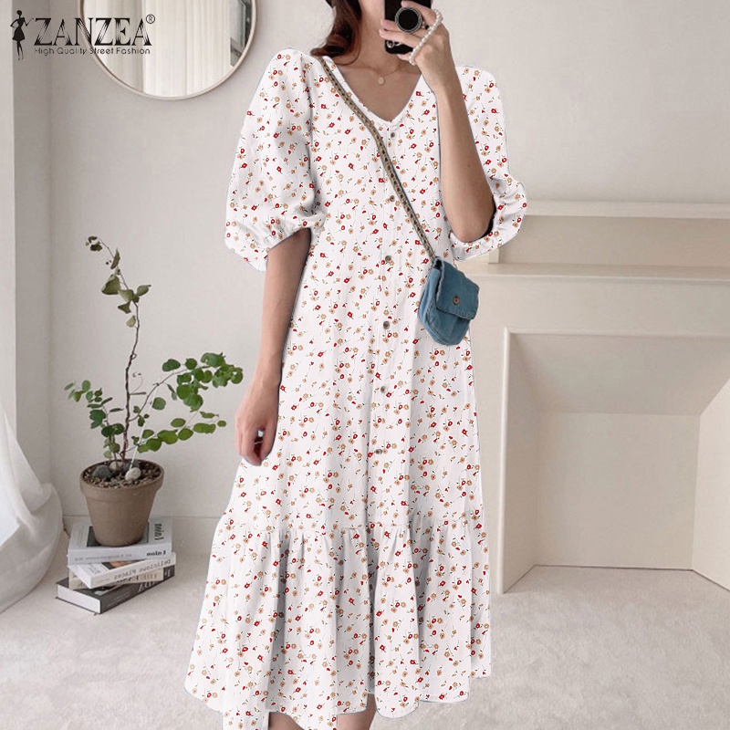 ZANZEA Đầm Tay Lửng Cổ Chữ V In Họa Tiết Hoa Thời Trang Hàn Quốc Cho Nữ