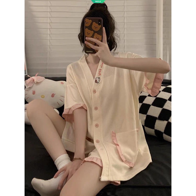 SANRIO Bộ Đồ Ngủ Tay Ngắn Phối Bèo Họa Tiết Hello Kitty Dễ Thương Thời Trang Mùa Hè 2023 Cho Nữ