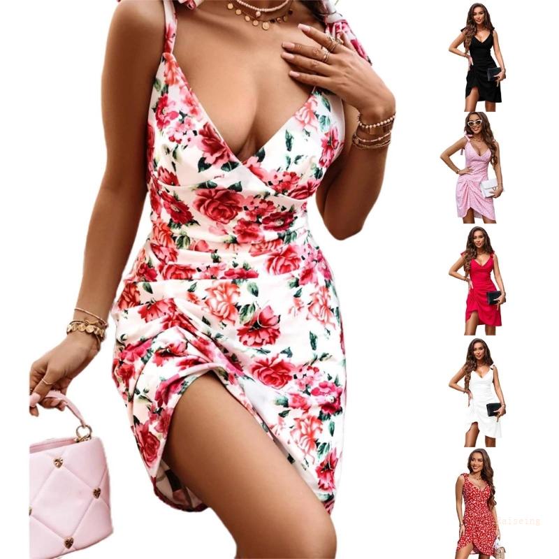 Đầm Hai Dây Cổ Chữ V Hở Lưng In Hoa Gợi Cảm Cho Nữ