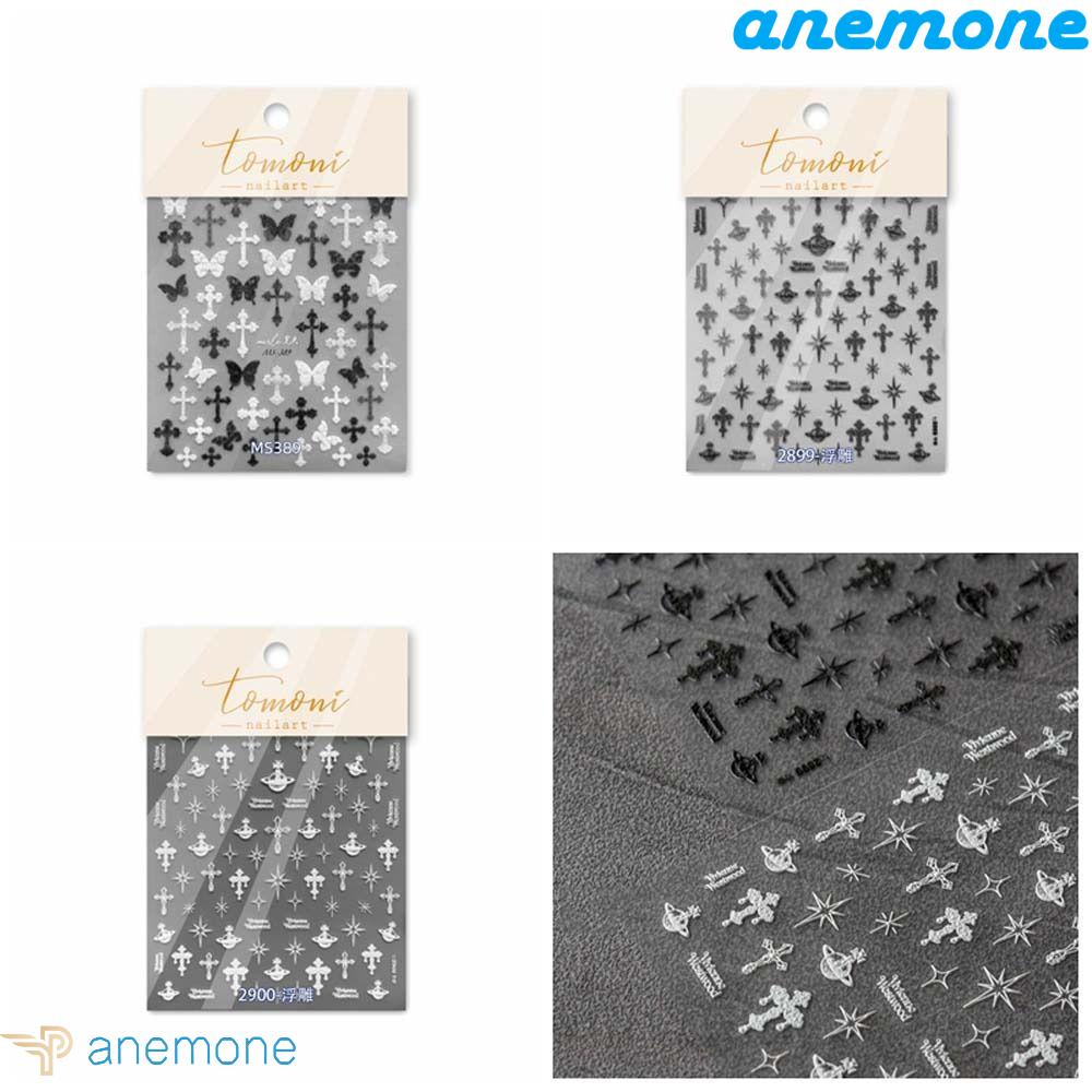 ANEMONE Miếng Dán Trang Trí Móng Tay Hình Chữ Thập / Hành Tinh / Hành Tinh Màu Đen Phong Cách Punk Cổ Điển Dành Cho Bạn Nữ
