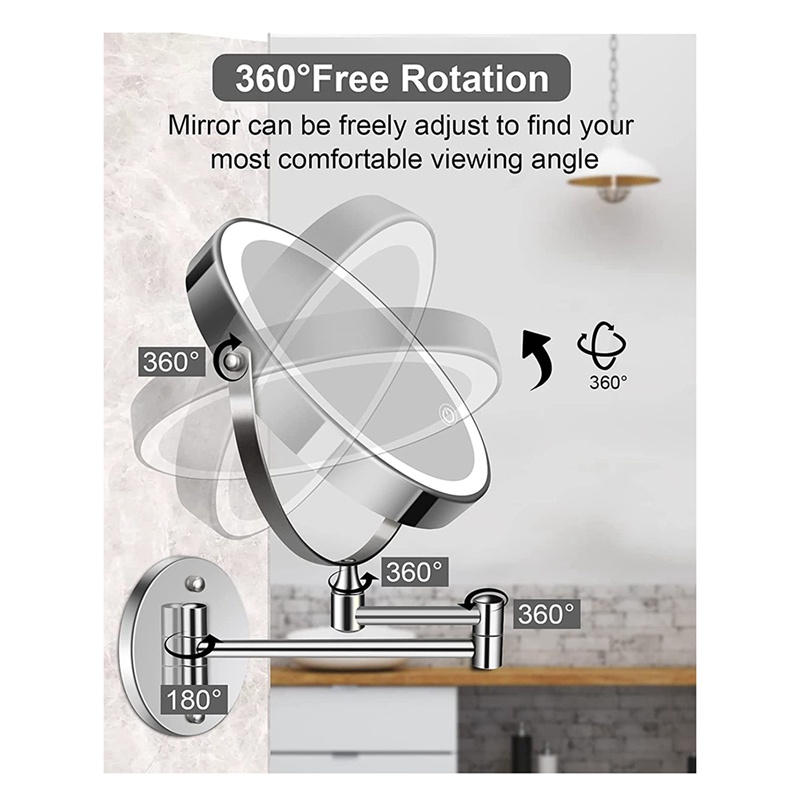 Gương Trang Điểm Hai Mặt Cảm Ứng 8In 1X / 10X Gắn Tường Có Đèn LED 3 Màu Tùy Chọn° Dây Đeo Có Thể Xoay Được Cho Bé