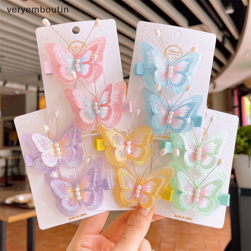 1 Cặp Kẹp Tóc Thêu Hình Bươm Bướm Đính Ngọc Trai Xinh Xắn Cho Bé Gái