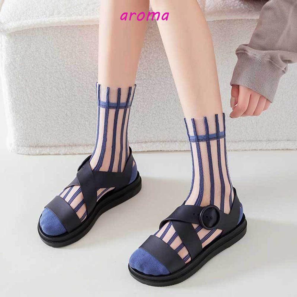 AROMA Vớ Lụa Thủy Tinh Trong Suốt Siêu Mỏng Kẻ Sọc Dễ Thương Phong Cách Nhật Bản Cho Nữ