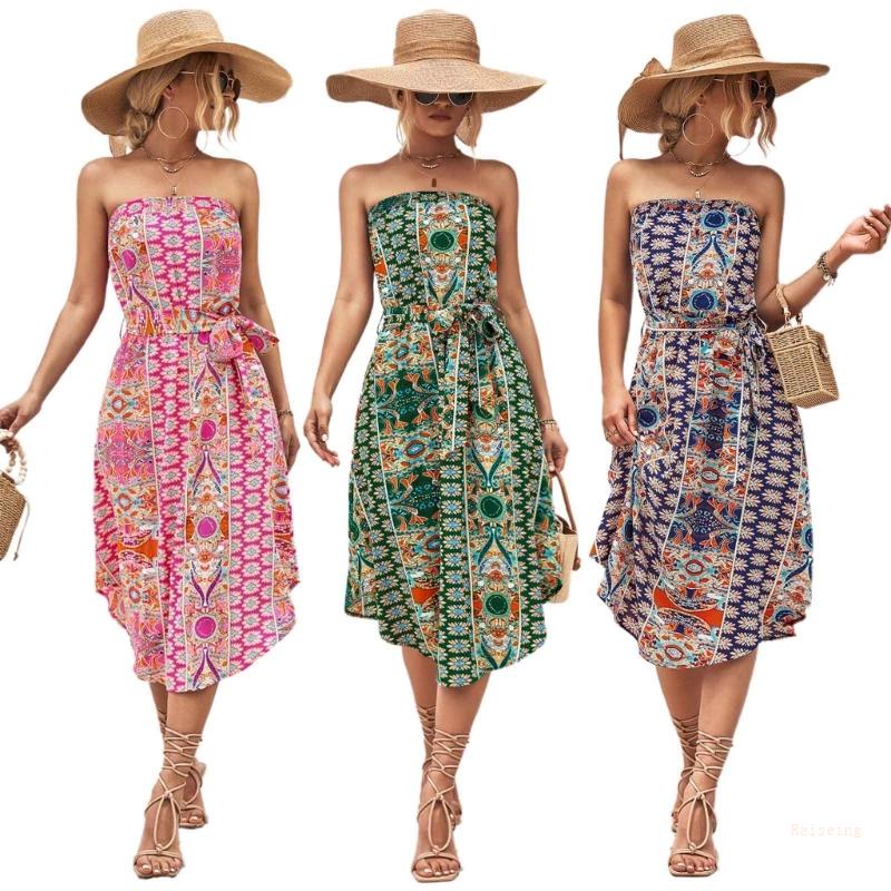 Đầm Midi Không Dây In Hoa Có Thắt Lưng Thời Trang Mùa Hè Dành Cho Nữ