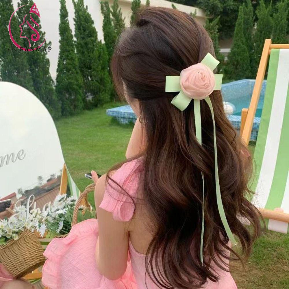 OCEANMAP Kẹp Tóc Đính Nơ Ruy Băng Họa Tiết Hoa Trà Dễ Thương