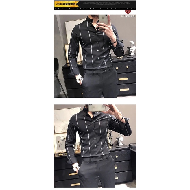 Áo Sơ Mi Nam Cổ Đứng Họa Tiết Sọc