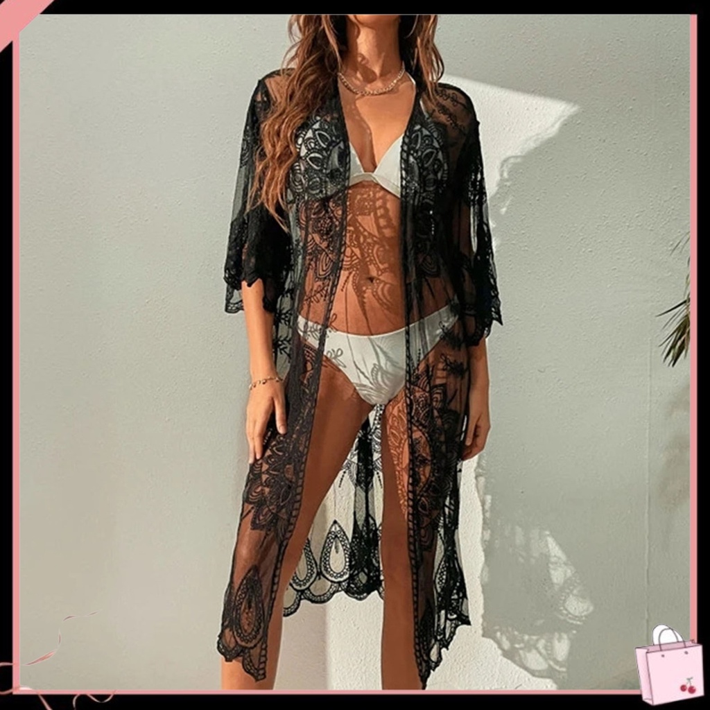 Áo Khoác Ngoài Bikini Che Nắng Tay 3 / 4 Màu Trơn Phong Cách Âu Mỹ Thích Hợp Đi Biển