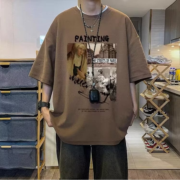 Áo Thun Thể Thao Plus Size Tay Ngắn Cổ Tròn In Hình Tranh Sơn Dầu Phong Cách Hip Hop Mỹ Mùa Hè Cho Cặp Đôi Cỡ M-5XL