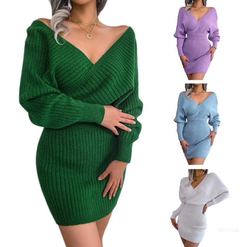 Đầm Midi Dệt Kim Tay Cánh Dơi Cổ Chữ V Hở Lưng Ôm Dáng Phong Cách Đường Phố Thanh Lịch Cho Nữ