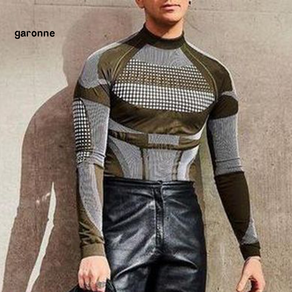 Áo Thun Tay Dài Cổ Cao Ôm Dáng Họa Tiết Kẻ Sọc Màu Sắc Tương Phản Thời Trang Mùa Đông Cho Nam