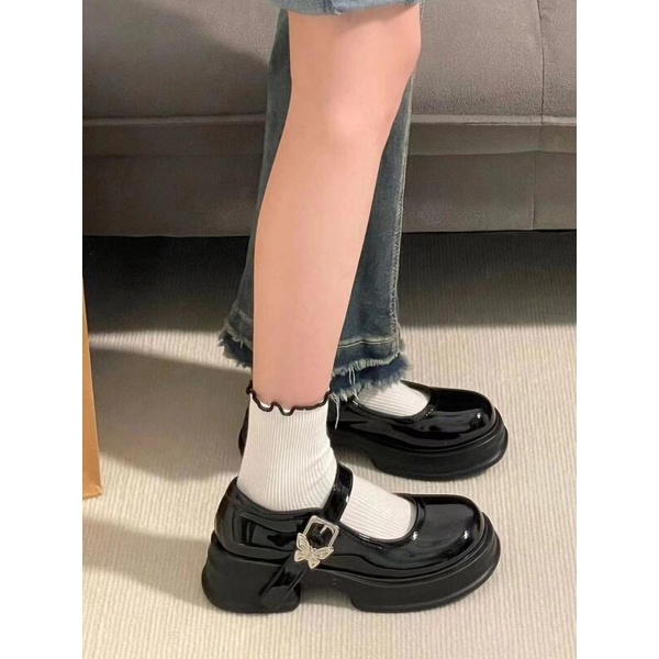 Giày Da Mary Jane Màu Đen Đế Dày Tăng Chiều Cao Phối Khóa Kim Loại Phong Cách Retro 2023 Cho Nữ