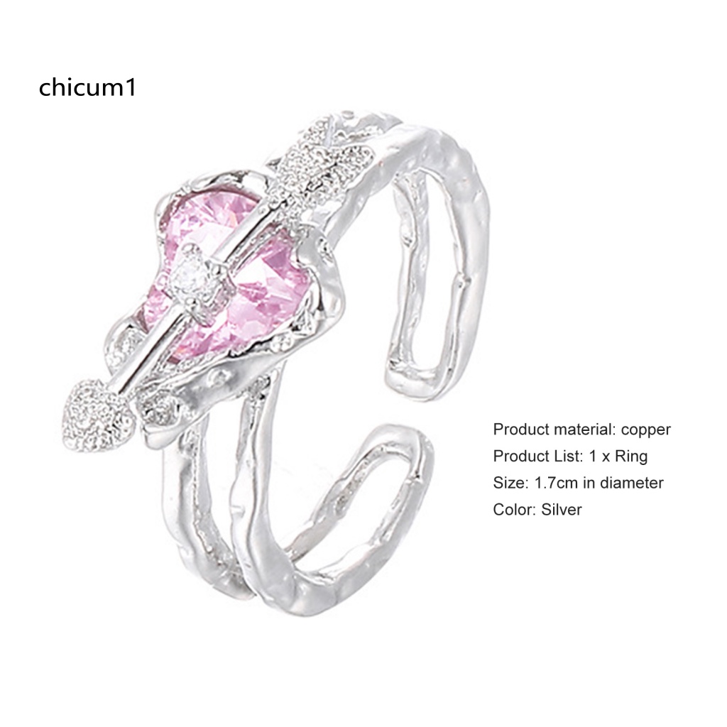 Nhẫn Đeo Tay CC Hai Lớp Bắt Mắt Thiết Kế Dạng Hở Màu Hồng Đính Pha Lê Nhân Tạo Hình Mũi Tên Xuyên Qua Trái Tim Thời Trang Có Thể Điều