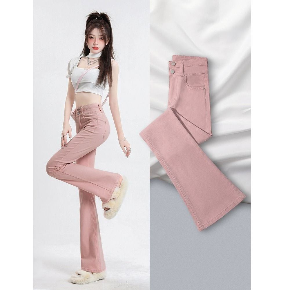 Quần Jeans Nữ Ống Loe Dài Lưng Cao Co Giãn Màu Hồng Nhạt Phong Cách Mới Mùa Xuân Hè