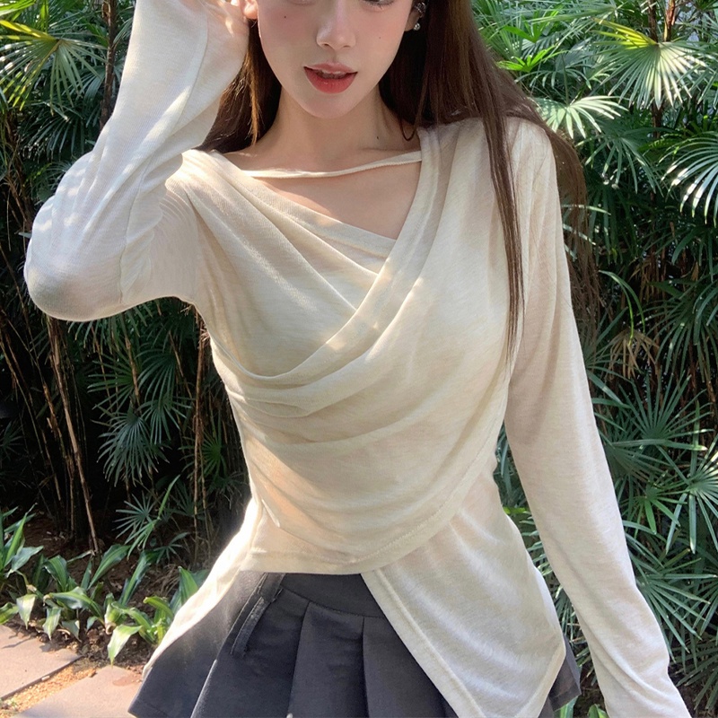Áo sweater Dệt Kim Mỏng Tay Dài Cổ Chữ V Màu Trơn Kiểu Pháp Thời Trang Mùa Hè Cho Nữ