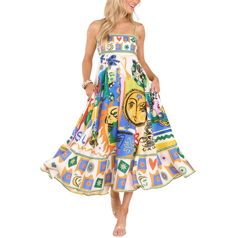 Đầm Hai Dây Dáng Dài In Hoa Phong Cách Bohemian Vintage Thời Trang Mùa Hè Cho Nữ