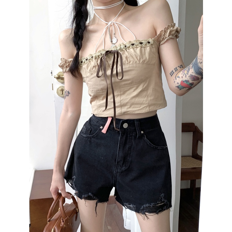 Quần Short Denim Dáng Chữ a Lưng Cao Thêu Họa Tiết Ngọt Ngào