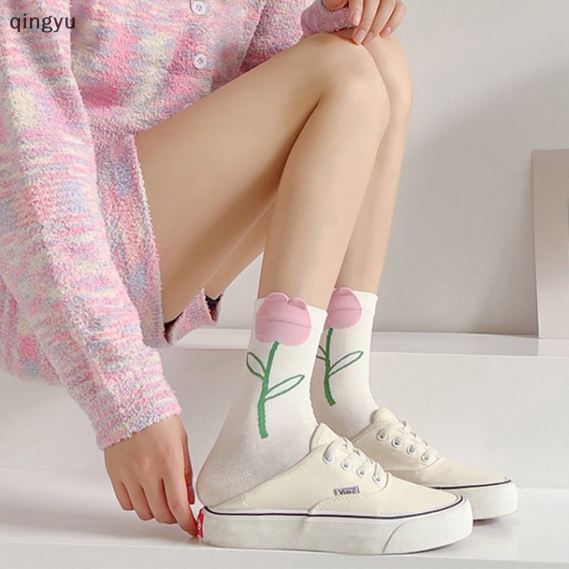 1 Đôi Tất Cổ Trung Thoáng Khí In Họa Tiết Hoạt Hình Dễ Thương Cho Nữ
