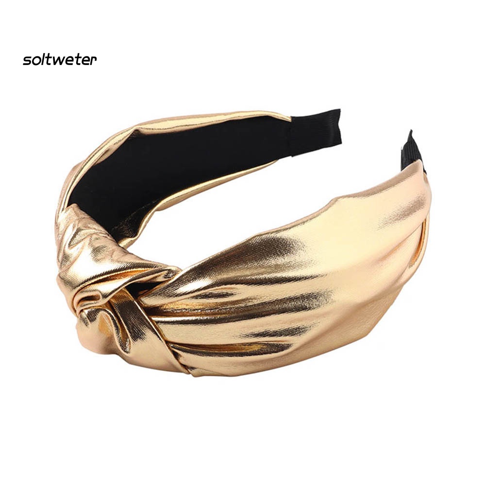 Băng Đô Cài Tóc Bản Rộng Giả Da Màu Trơn Thắt Nút Cho Nữ