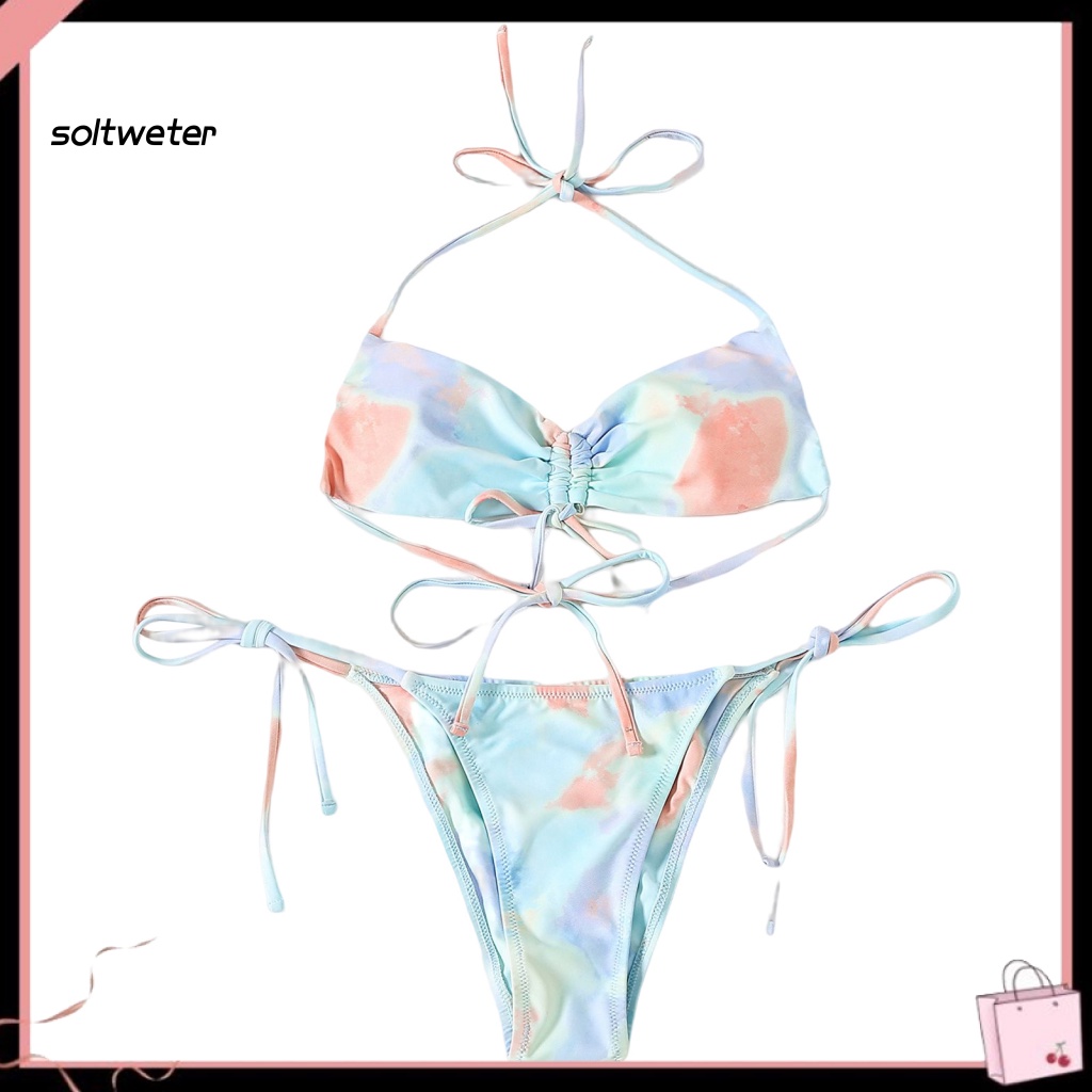 Bộ Đồ Bơi Bikini 3 Món Gồm Áo Hai Dây Và Chân Váy Lưới In Họa Tiết Màu Nhuộm Có Thể Điều Chỉnh Cho Nữ