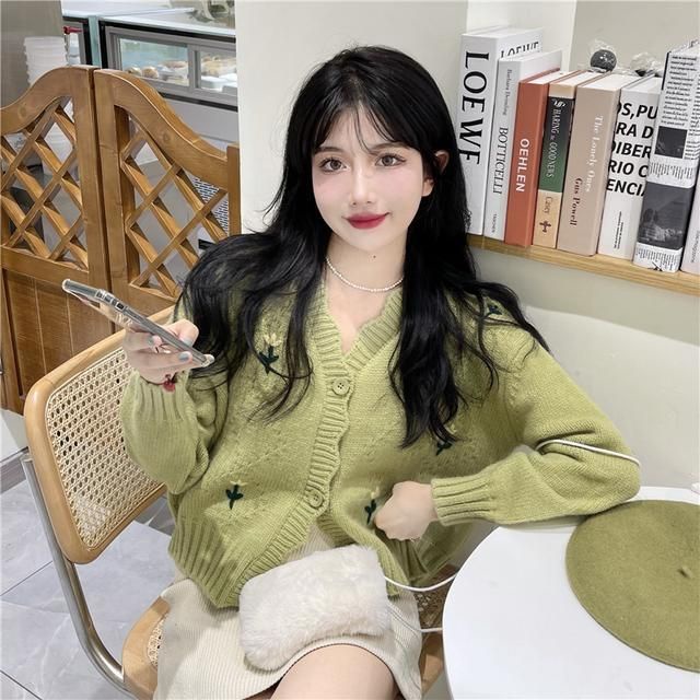 Áo Khoác Cardigan Dệt Kim Tay Dài Cổ Chữ V In Hoa Thời Trang Cho Nữ