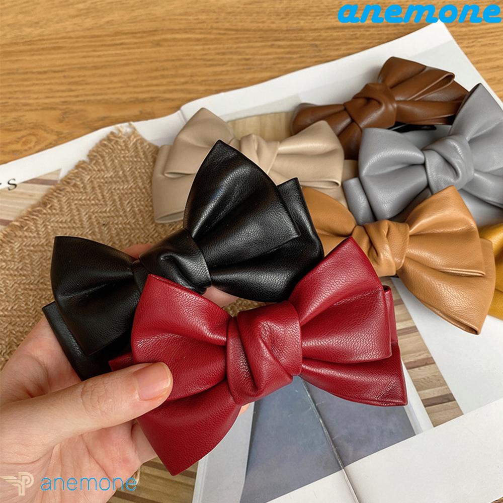 ANEMONE Kẹp Tóc Nơ Bằng Da PU Màu Trơn Phong Cách Hàn Quốc Cho Nữ
