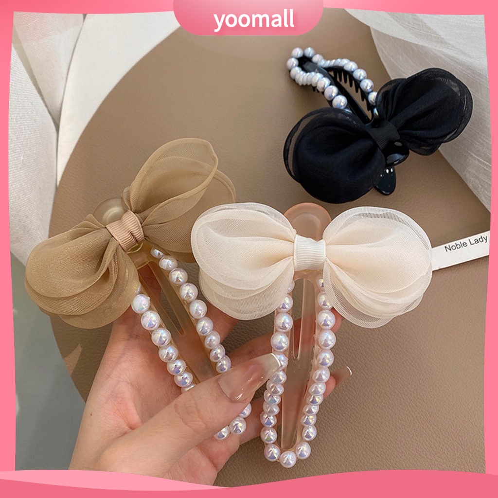 Kẹp Tóc Càng Cua Đính Ngọc Trai Giả Thắt Nơ Bằng Lưới Acrylic Chắc Chắn Cho Nữ