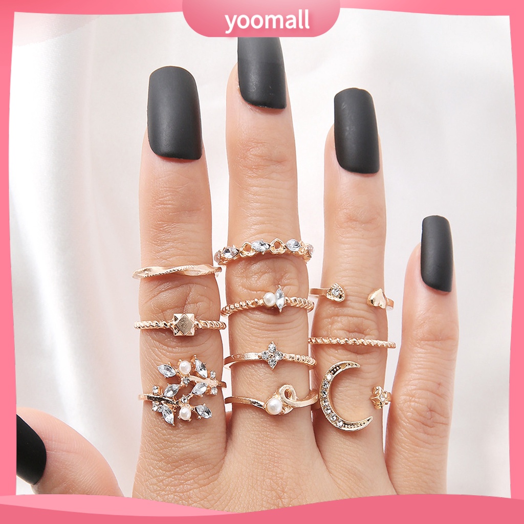 Bộ 10 Nhẫn Thời Trang Hình Học / Lá / Mặt Trăng / Trái Tim Không Phai Màu Trọng Lượng Nhẹ Cho Nữ