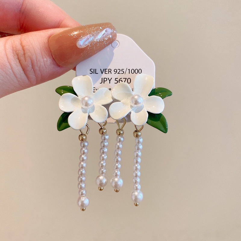 Bông Tai Bạc Hình Hoa Nhỏ Đính Ngọc Trai Tua Rua Phong Cách Thần Tiên Dành Cho Nữ