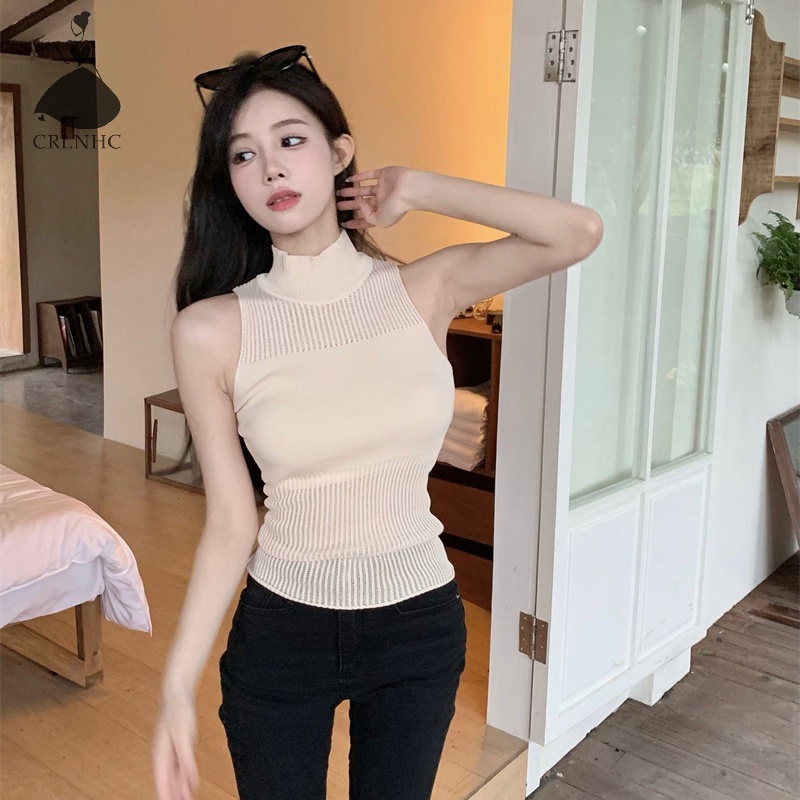 Áo Dệt Kim Sát Nách Cổ Lọ Màu Trơn Thời Trang Mùa Hè Cho Nữ