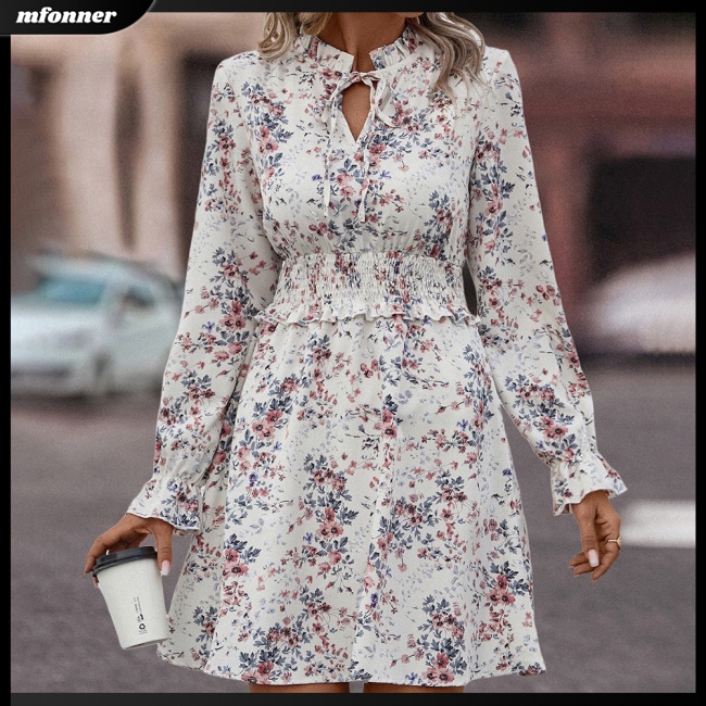 Đầm Ngắn Tay Dài Cổ Chữ V Nhún Bèo Họa Tiết Hoa Thời Trang Mùa Hè Cho Nữ