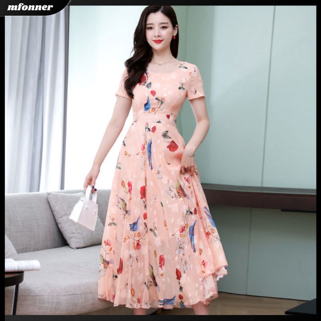 Đầm Dài Chữ A Tay Ngắn Eo Cao Bằng Lụa Lạnh Thời Trang Mùa Hè Dành Cho Bạn Nữ