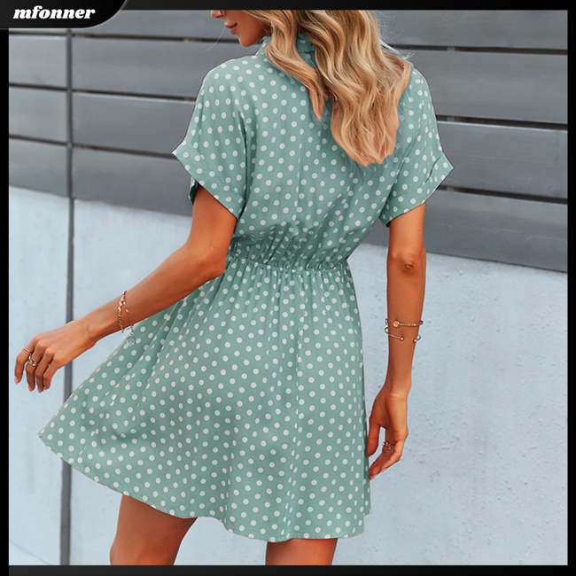 Đầm Tay Ngắn Cổ Bẻ In Họa Tiết Chấm Bi Thời Trang Mùa Hè Xinh Xắn Cho Nữ