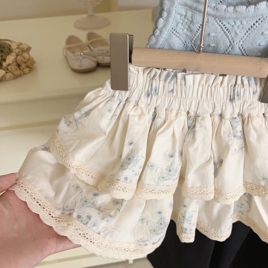 Bộ Áo Hai Dây Dệt Kim Phối Chân Váy Ren Kiểu Pháp Dễ Thương Thời Trang Mùa Hè Cho Bé Gái